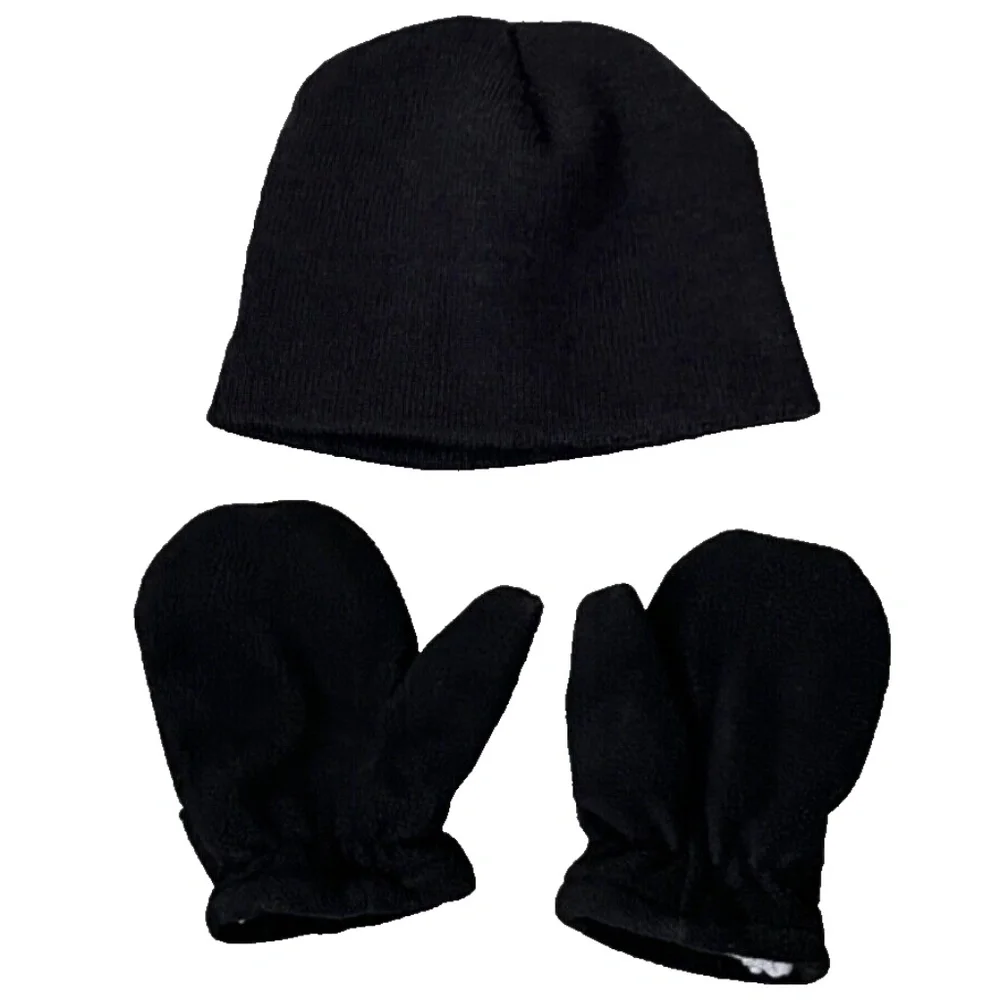 Toddler Kids Black Knit Beanie Hat & Mittens Set One Size